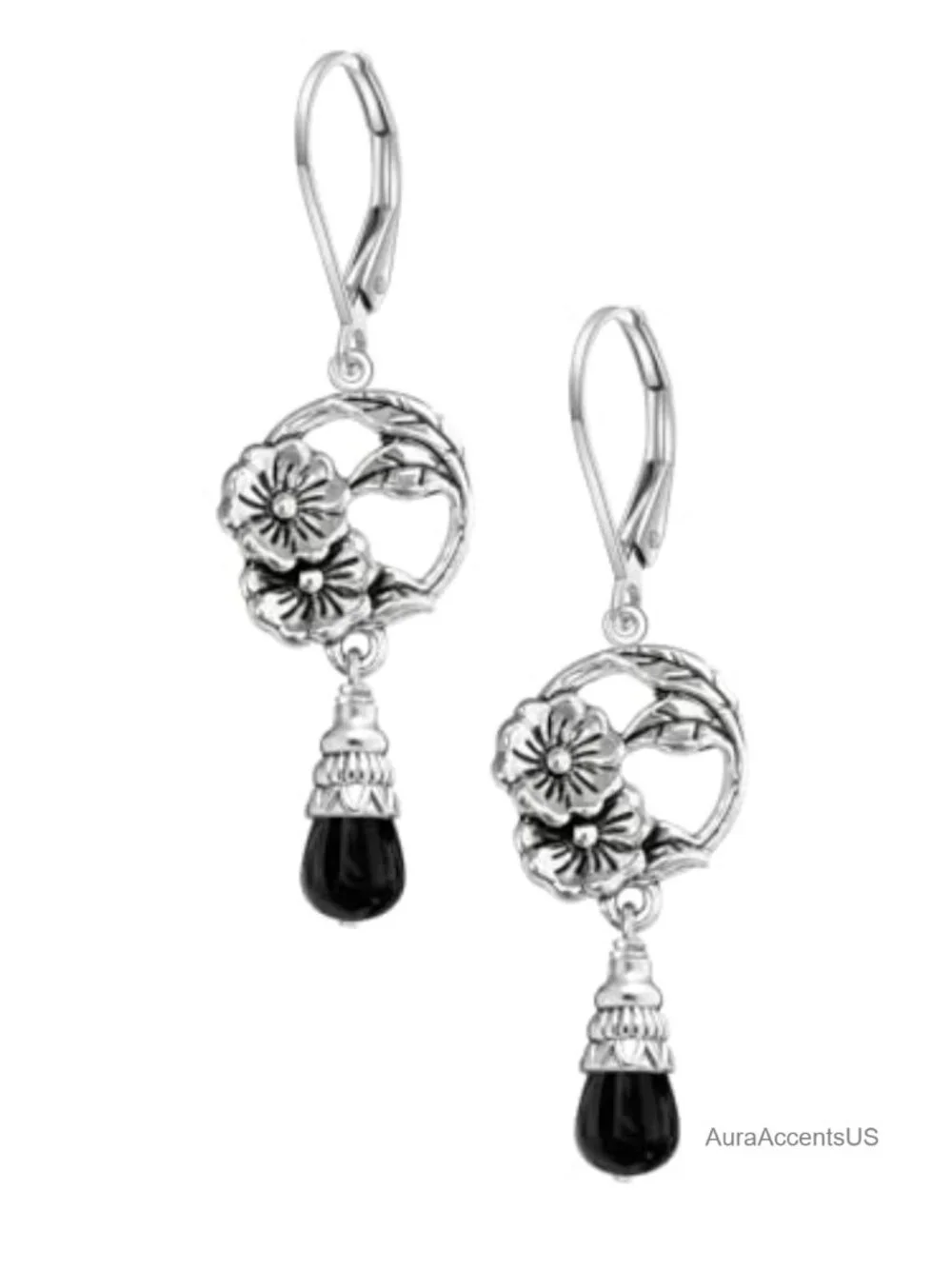 Natural Stone Drop Flower Earrings, Silver Plated Brass, French Leverback